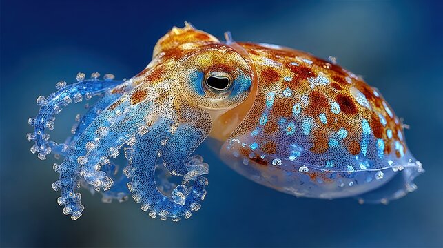A vibrant cuttlefish with iridescent blue and orange patterns swimming in the ocean.