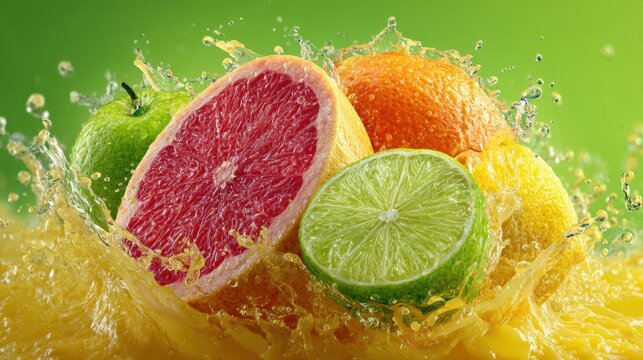 Vibrant citrus fruits with splashing juice against a green background