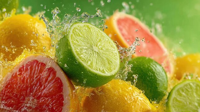 Vibrant citrus fruits splashing water against a green background