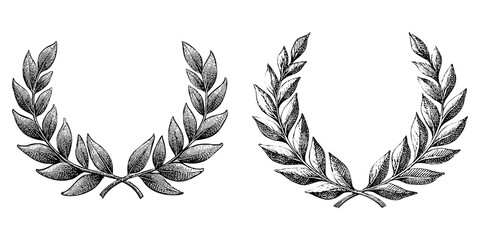 Laurel Wreaths in Vintage Engraving Style isolated on Transparent Background perfect for Award Emblems