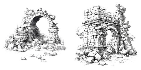 Stone Arch Ruins in Vintage Engraving Style isolated on Transparent Background perfect for Fantasy Map Decoration