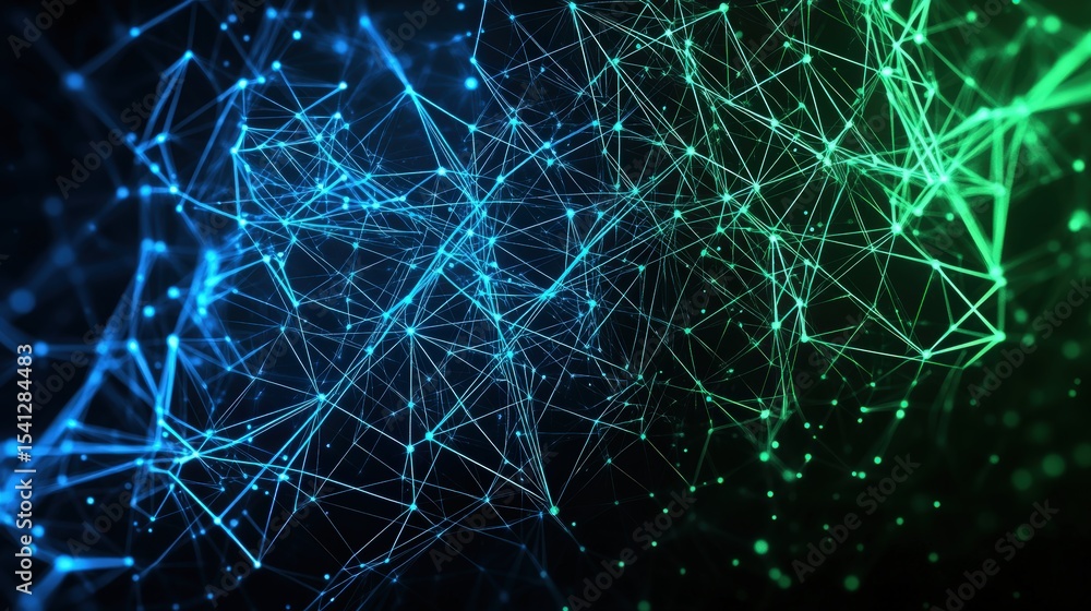 Aufkleber abstract digital network of interconnected glowing lines and nodes in vibrant blue and green colors 