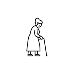 Elderly woman walking with cane line art icon