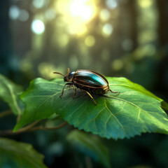 Metallic beetle rests on a green leaf.