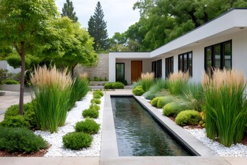 Fototapeta premium Modern house with beautiful landscaping featuring a long pond, surrounded by ornamental grasses and white pebbles