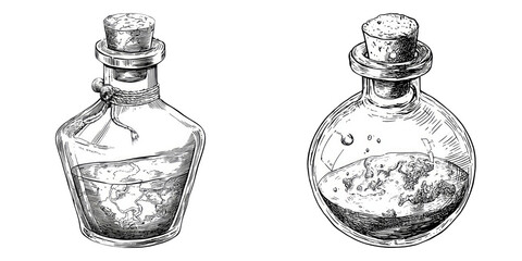 Apothecary Potion Bottles in Vintage Engraving Style isolated on Transparent Background perfect for Magical or Medical Themes