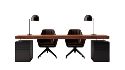 Modern Executive Office Desk Setting with Wooden Table and Black Leather Chairs
