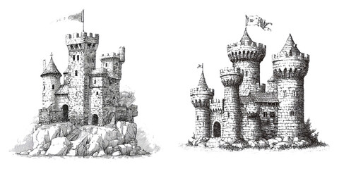 Fantasy Castles in Vintage Engraving Style isolated on Transparent Background perfect for Medieval Map or Game Assets