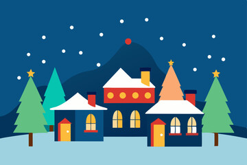 Charming Christmas Village Scene Festive Houses, Snowy Landscape, and Sparkling Night