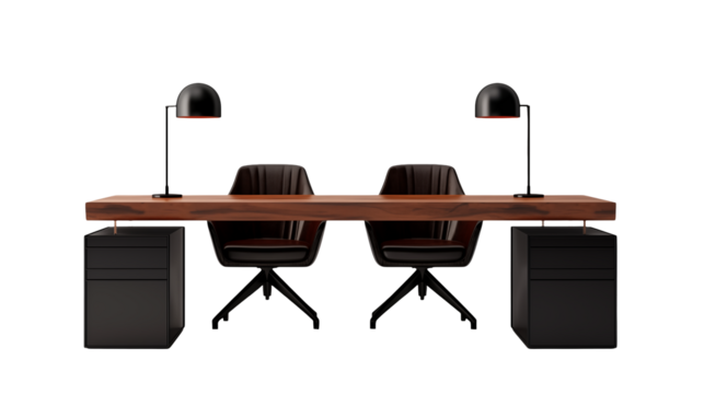 Modern Executive Office Desk Setting with Wooden Table and Black Leather Chairs