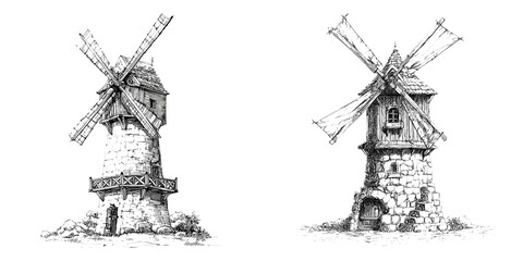 Windmills in Vintage Engraving Style isolated on Transparent Background perfect for Rural Landscape and Agricultural Icons