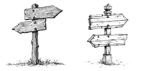 Wooden Direction Signs in Vintage Engraving Style isolated on Transparent Background perfect for Navigation and Fantasy Maps