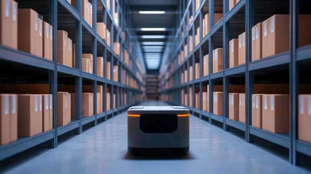 Develop a mechatronic robotic, A modern warehouse interior featuring shelves filled with boxes and a single container in the center, ideal for storage concepts.