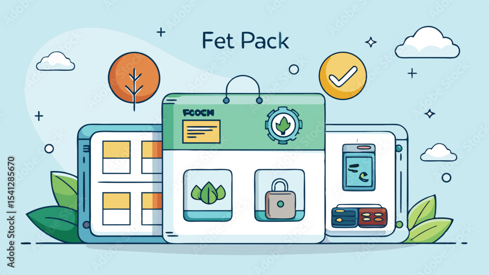 Wall mural illustration of a mobile phone displaying a fet pack application with various icons and design eleme