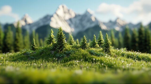 Lush green forest landscape with small pine trees and towe snow-capped mountains in the background under clear blue sky