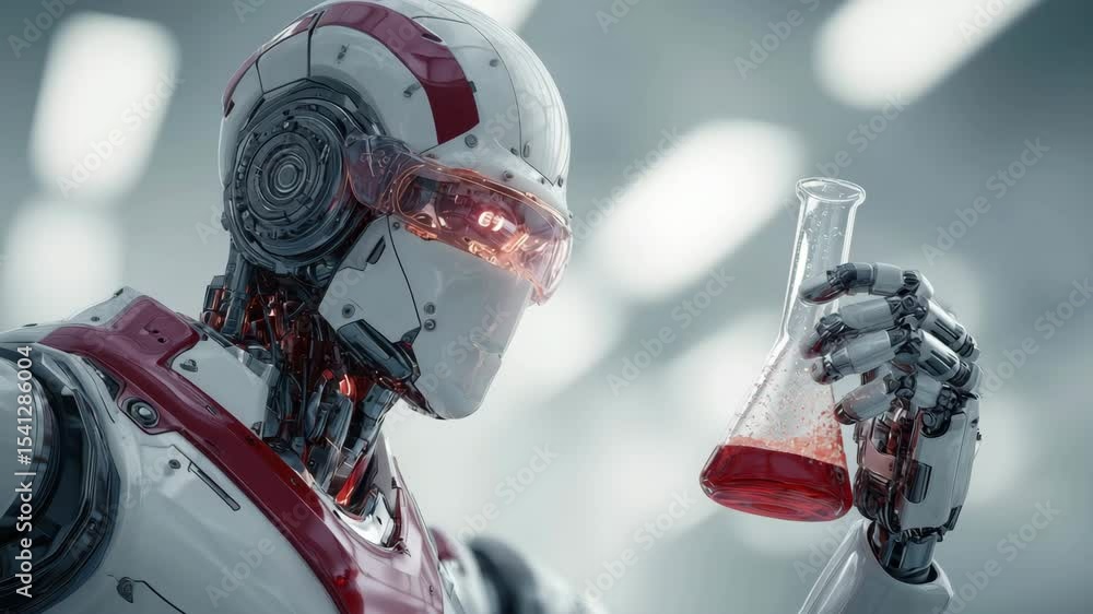 Poster a futuristic robot analyzes a red liquid in a laboratory beaker, symbolizing advanced artificial int