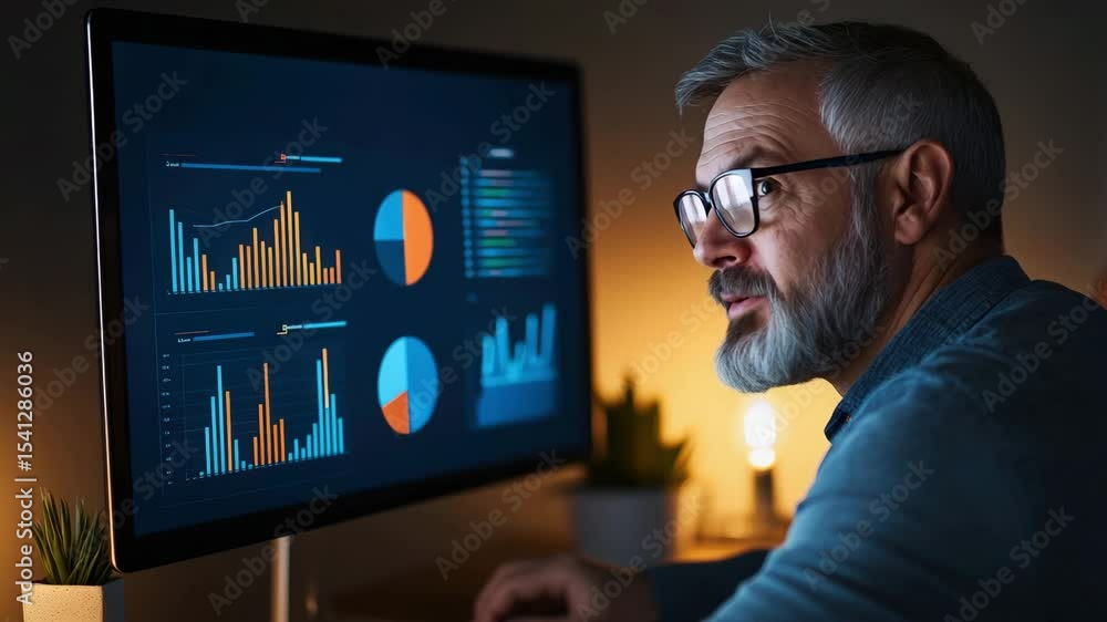 Poster a man with glasses analyzes colorful charts and graphs on a computer screen in a dimly lit room.