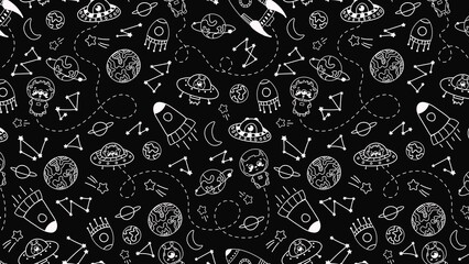 Seamless space pattern with rockets planets stars and astronauts on a black background in white outline