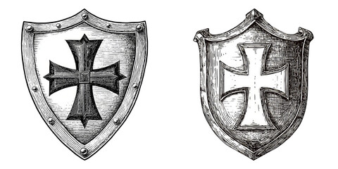 Medieval Shields with Cross Emblems in Vintage Engraving Style isolated on Transparent Background perfect for Knight and Crusader Themes