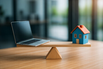 Laptop versus House Model Balanced on Wooden Seesaw Representing Real Estate or Work Life Balance
