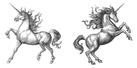 Unicorns in Vintage Engraving Style isolated on Transparent Background perfect for Fantasy and Mythical Creature Illustration
