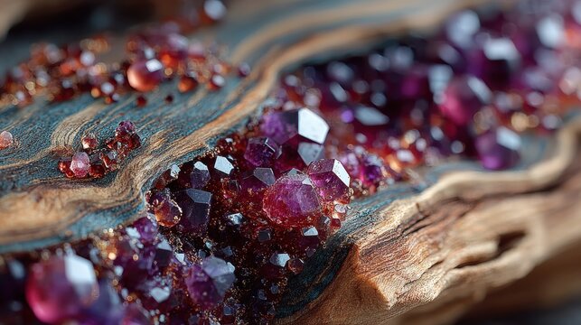 Vibrant Purple Crystals Embedded in Natural Wood