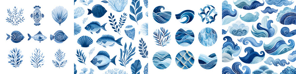 Seamless pattern of marine life and ocean elements in shades of blue  long title Seamless repeating pattern featuring a variety of ocean inspired