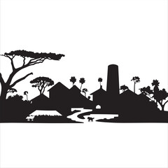 Naklejka premium Black and white vector silhouette of an African village, rendered in a modern flat design style. The simple, two-dimensional shapes and white background create a timeless and elegant aesthetic.eps