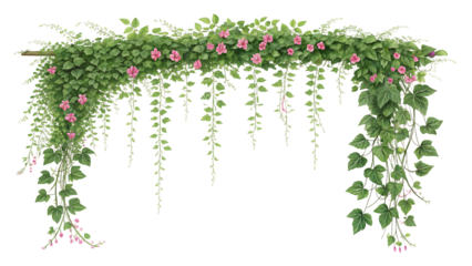 Green vine and pink flower garland isolated on transparent background