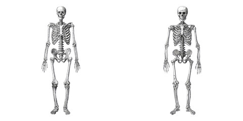 Human Skeletons in Vintage Engraving Style isolated on Transparent Background perfect for Anatomy and Medical Illustration