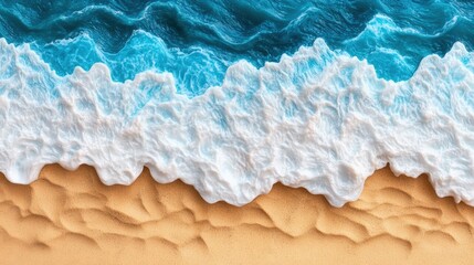 Coastal Embrace: A high-angle perspective showcases the dynamic interplay of ocean waves crashing onto a sandy beach, creating a visually captivating scene.