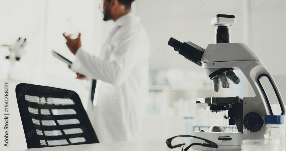 Poster Microscope, man and scientist with tablet in lab for research, medical study and testing sample. Machine, person or biotechnology for experiment, dna production and confidence of vaccine breakthrough