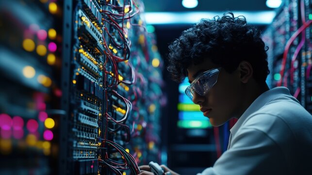 Technician Working on Server Rack in Data Center with Network Cables and LED Indicators