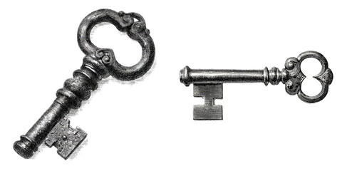 Antique Skeleton Keys in Vintage Engraving Style isolated on Transparent Background perfect for Lock and Secret Symbol Design