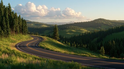 Scenic winding mountain road surrounded by lush green forests and rolling hills under blue sky