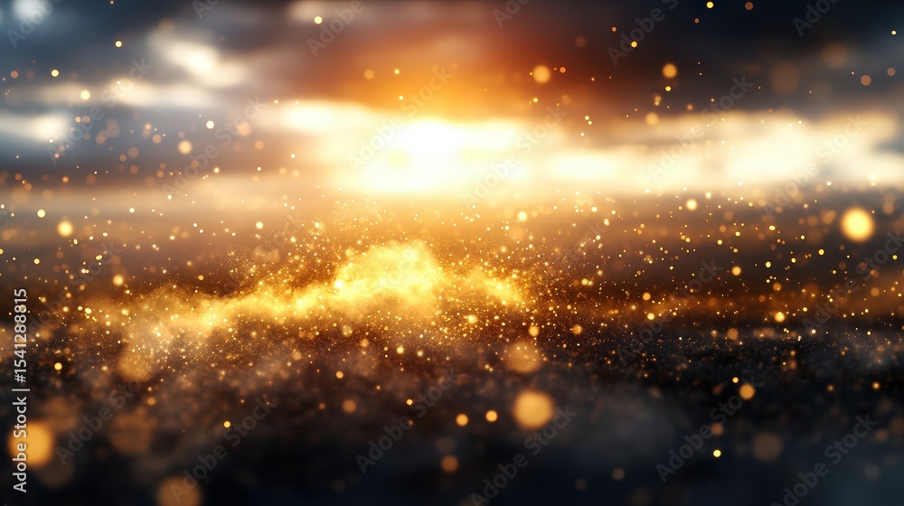 Poster abstract glowing golden particles sparkling in a dark space with bright light and bokeh effects