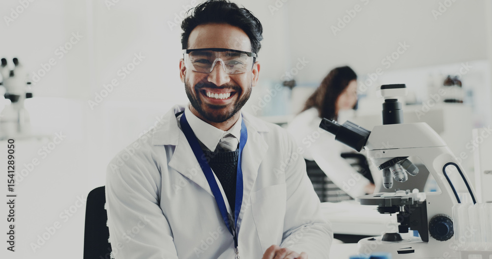 Poster Portrait, man and scientist with microscope in lab for research, medical study and testing sample. Smile, male person and machine for experiment, dna production and confidence of vaccine breakthrough