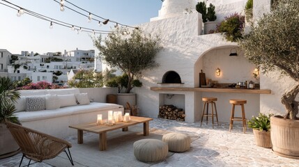 Outdoor Mediterranean Patio with White Walls, Olive Trees, and Cozy Seating Area