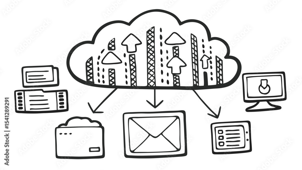 Poster hand drawn cloud computing diagram showing data transfer to various devices and platforms online tod