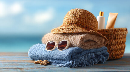 Beach essentials setup including a straw hat, sunscreen, and white sunglasses placed in a wicker bag atop a blue towel, ideal for summer scenes