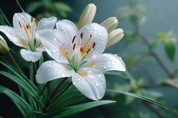 Fototapeta premium White lilies with water drops blooming in spring garden