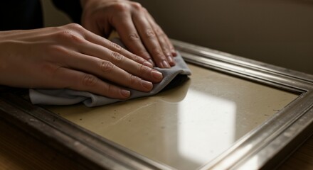 Hand Cleaning a Picture Frame with a Cloth for Home D&eacute;cor Maintenance