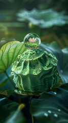 A lotus flower reflected in a water droplet sits atop a green lotus pod covered in dewdrops surrounded by green lotus leaves