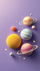 Naklejka premium Stylized Planetary Arrangement with Rings and Stars on a Purple Background
