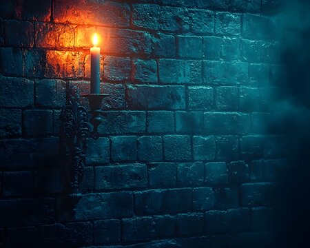 Haunting shadows cast by a flickering candle on a gothic brick wall