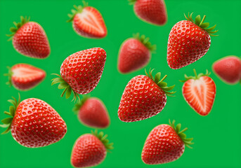 Fresh Strawberries Floating on Vibrant Green Background | Summer Fruits for Food Blog, Healthy Eating Promotion and Product Mockups