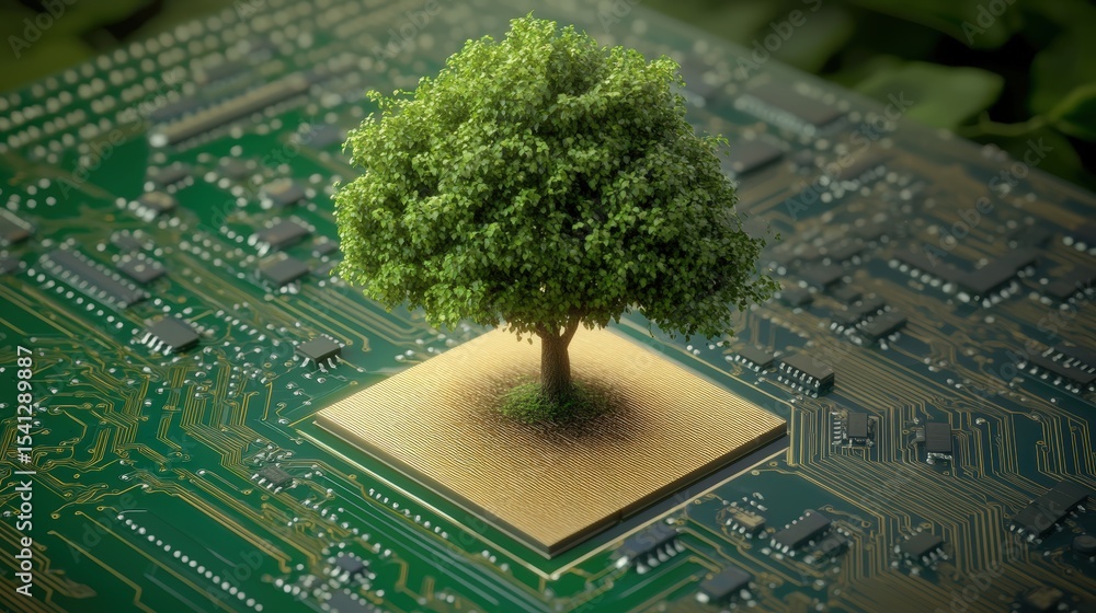 Aufkleber close-up of a small lush green tree growing on a computer circuit board representing technology and 