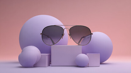 Black aviator sunglasses with tinted lenses positioned artistically on geometric pastel purple shapes, presenting a modern fashion aesthetic