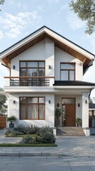 Fototapeta premium Modern Two-Story House with Traditional Roof and Landscaped Front Yard