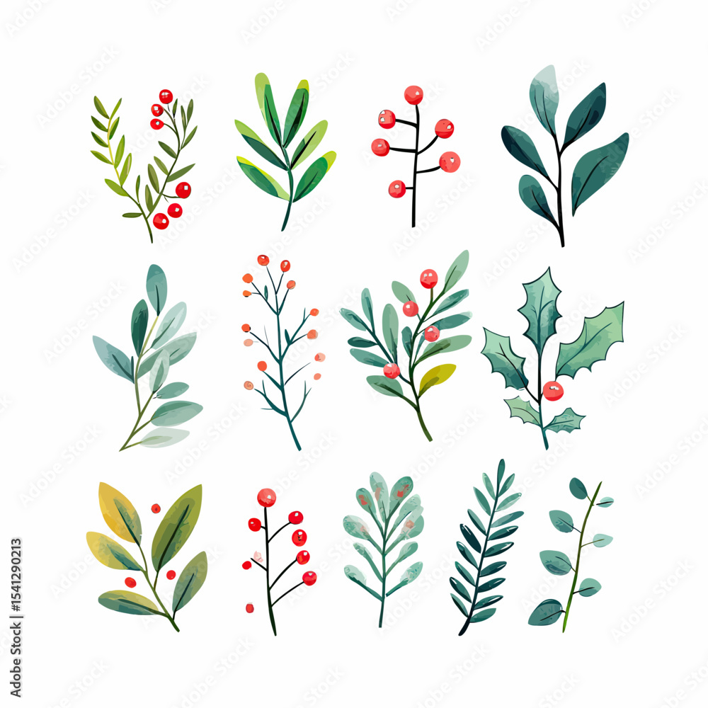 Poster set of twelve watercolor botanical illustrations featuring various green leaves and red berries bran